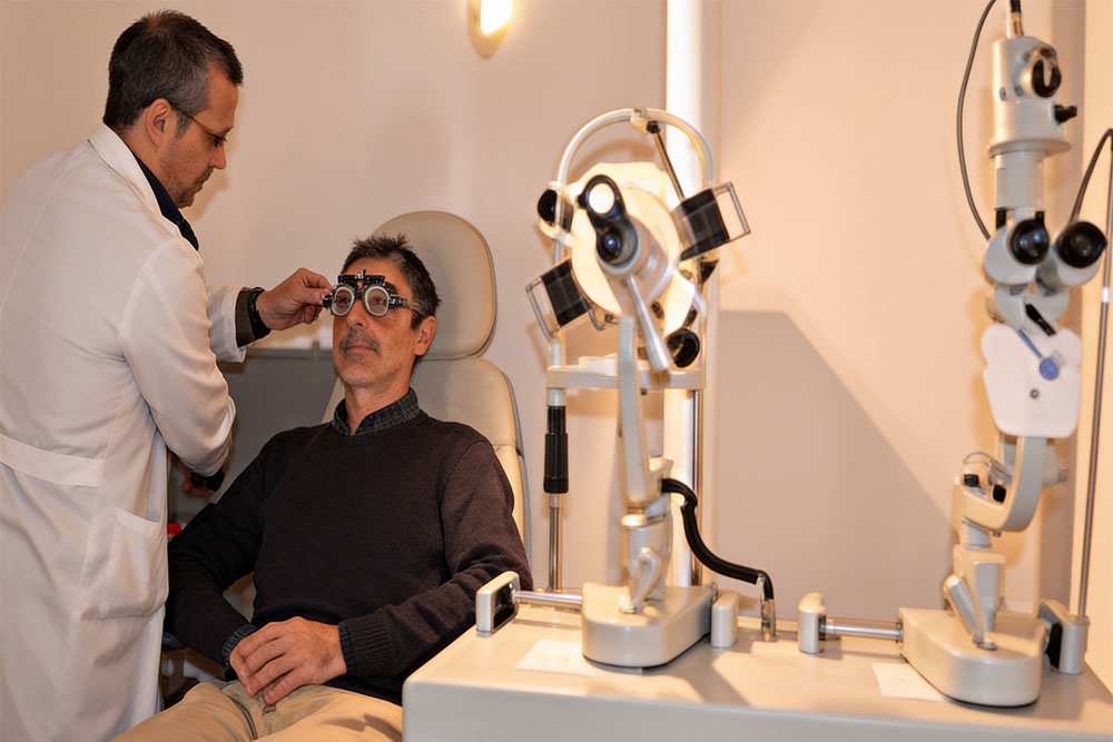 L'ottico Gigi Piludu esegue un'analisi optometrica profonda e la misurazione millimetrica a un cliente per evitare vertigini da lenti progressive, presso Pielle Centro Ottica a Monserrato.