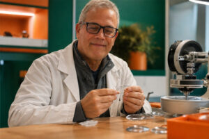 Gigi Piludu di Ottica Pielle controlla una lente oftalmica nel laboratorio di Monserrato per ridurre l’effetto fondo di bottiglia.