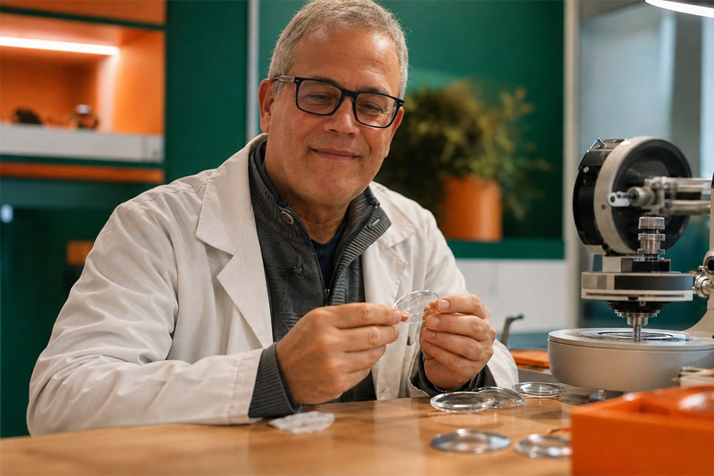Gigi Piludu di Ottica Pielle controlla una lente oftalmica nel laboratorio di Monserrato per ridurre l’effetto fondo di bottiglia.
